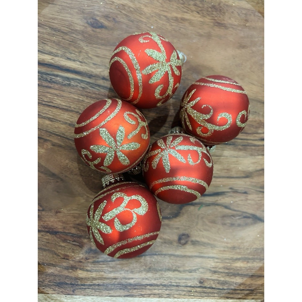 Vintage 2" Glass Red Gold Christmas Balls Glitter Snowflake Set Of 5 Estate Find